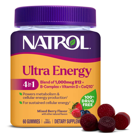 Natrol envase frontal Ultra Energy mostrando ingredientes clave y beneficios