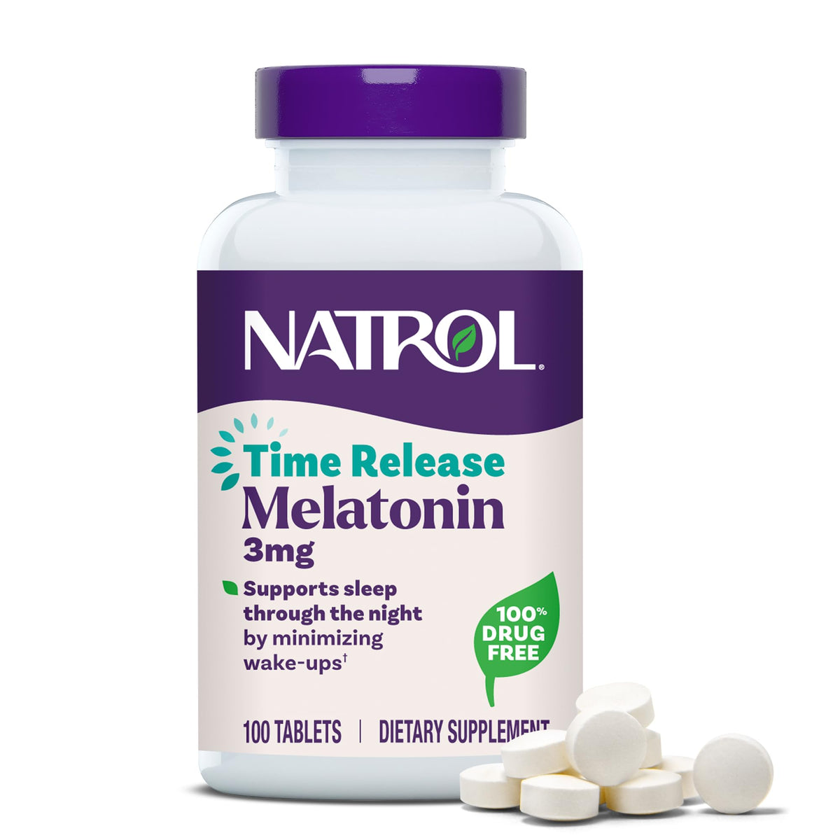Natrol envase frontal mostrando 100 tabletas y dosificación clara