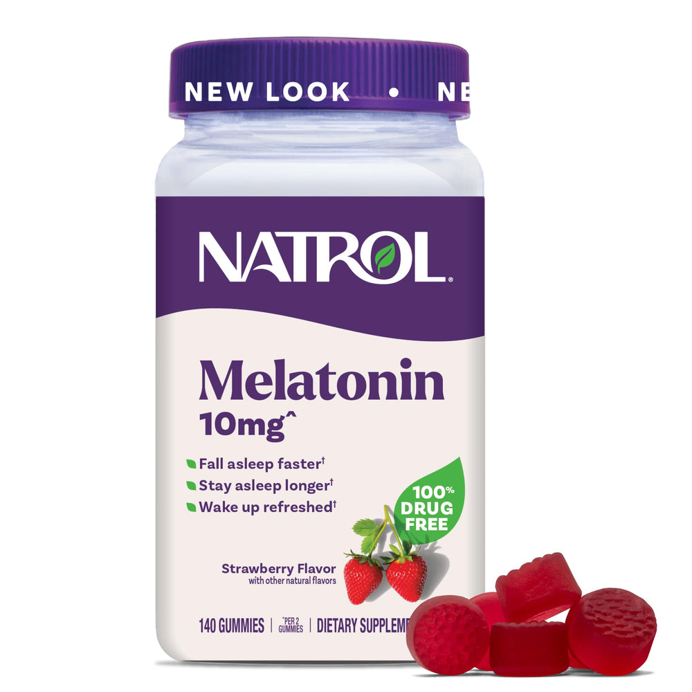 Natrol frente del envase mostrando 140 gomitas y beneficio práctico