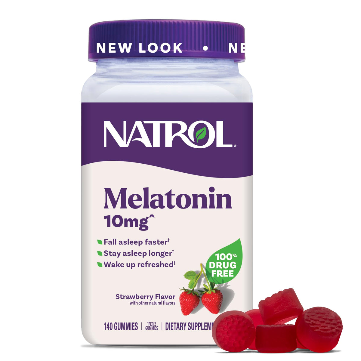 Natrol frente del envase mostrando 140 gomitas y beneficio práctico