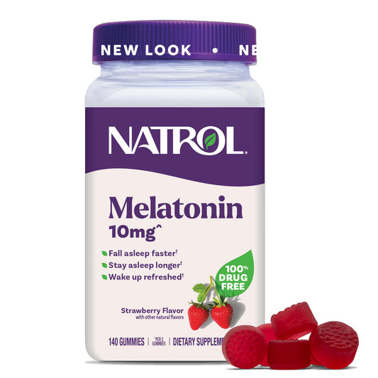 Natrol frente del envase mostrando 140 gomitas y beneficio práctico