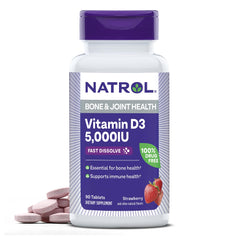 Natrol envase frontal que muestra 5,000 IU y beneficio conveniencia