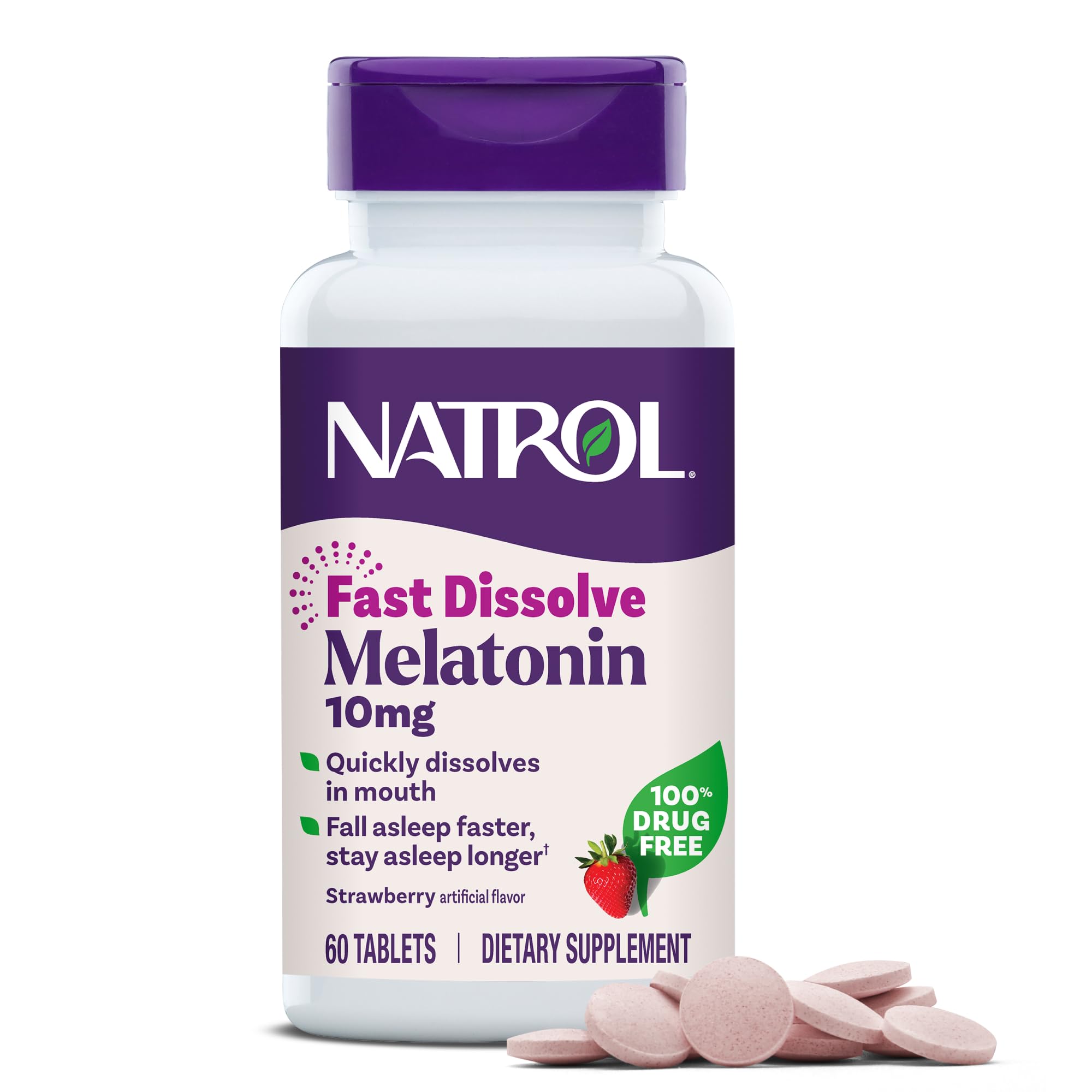 Natrol empaque frontal fresa mostrando presentación y beneficio de uso rápido