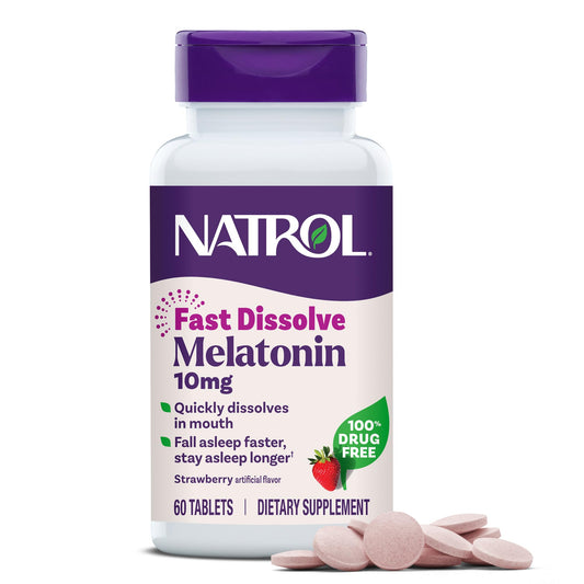 Natrol empaque frontal fresa mostrando presentación y beneficio de uso rápido