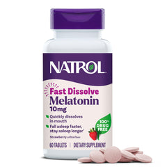 Natrol empaque frontal fresa mostrando presentación y beneficio de uso rápido