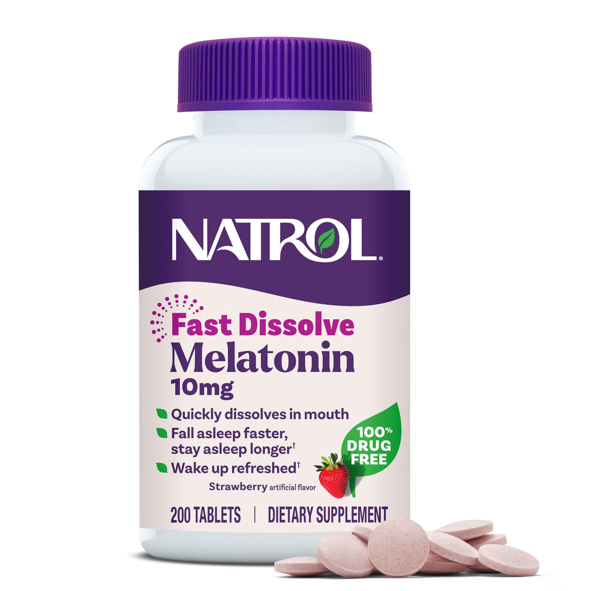 Natrol envase frontal con sabor fresa y beneficio de conveniencia