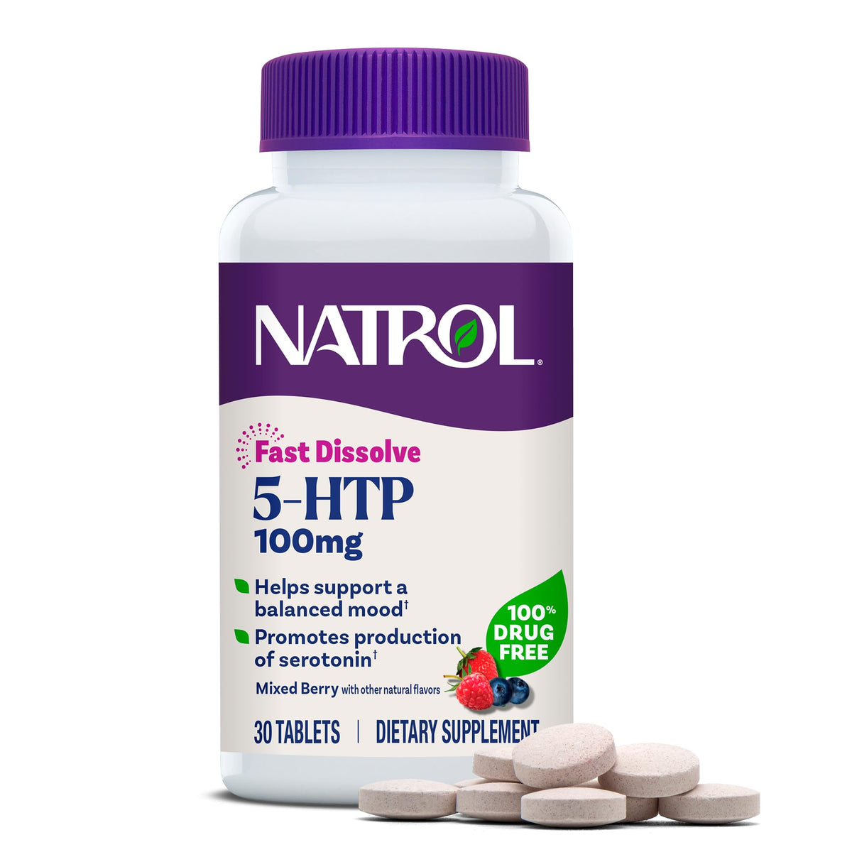 Natrol envase frontal mostrando 5-HTP 100 mg y beneficios rápidos