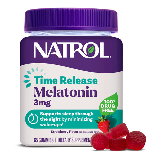 Natrol gomitas fresa vista frontal mostrando el envase y conteo de 65 unidades, fácil identificación