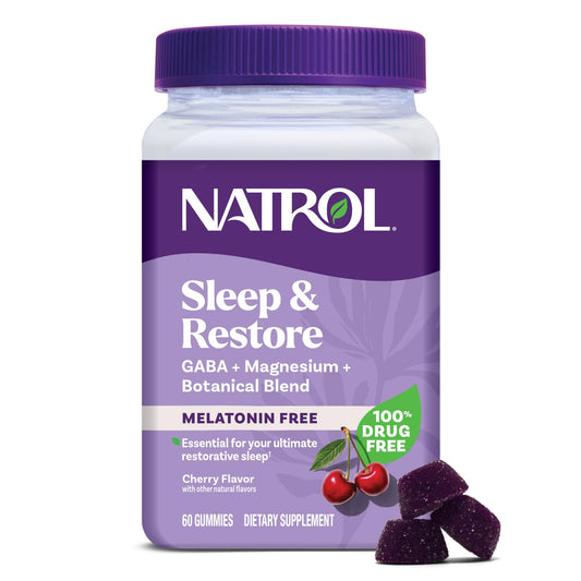 Natrol envase frontal de Sleep & Restore gomitas cereza mostrando presentación