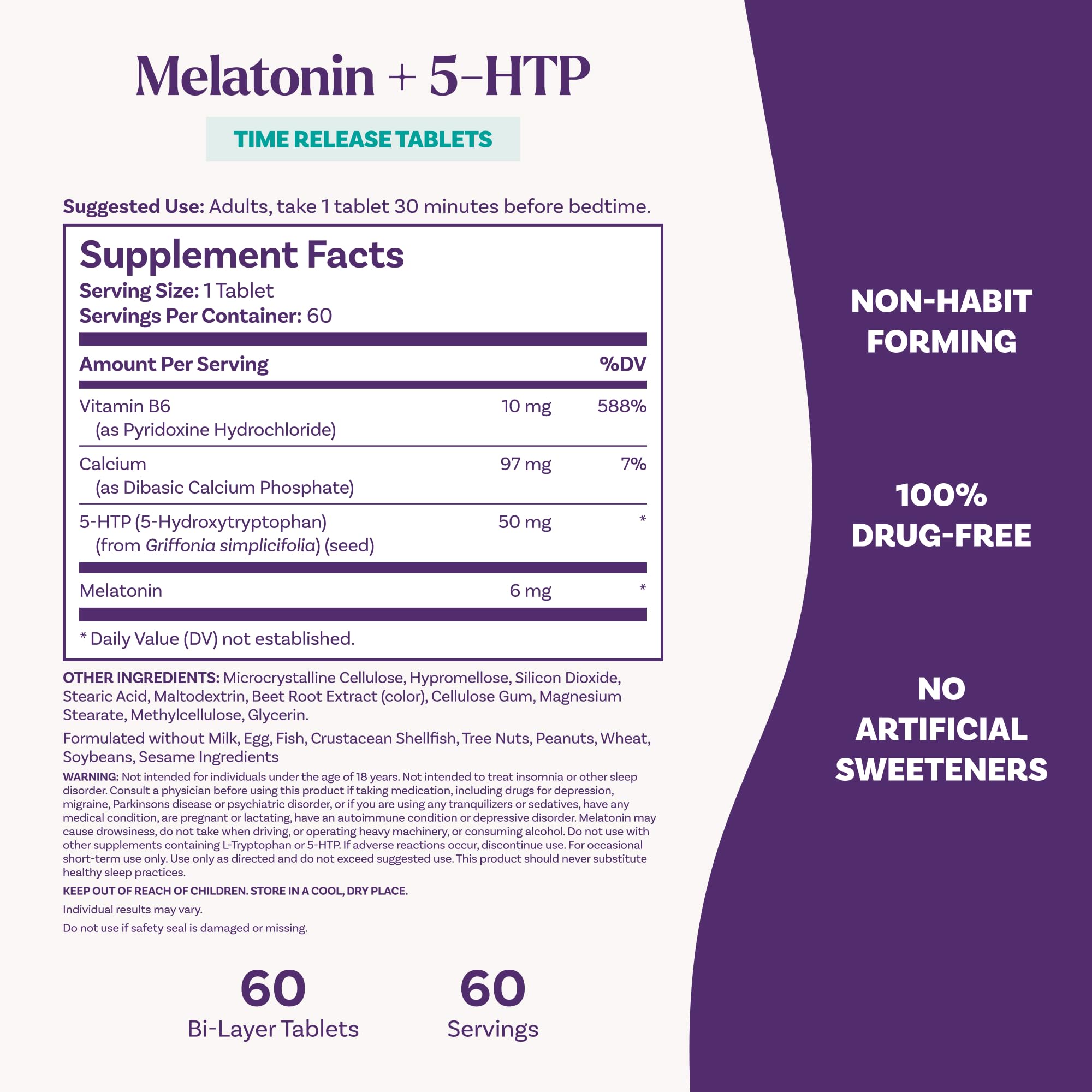 Natrol etiqueta de ingredientes resaltando 5-HTP y vitamina B6