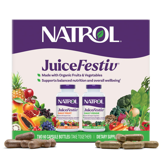 Natrol JuiceFestiv empaque frontal mostrando el bote y la presentación práctica