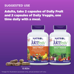 Natrol JuiceFestiv junto a frutas y verduras frescas para complementar la dieta