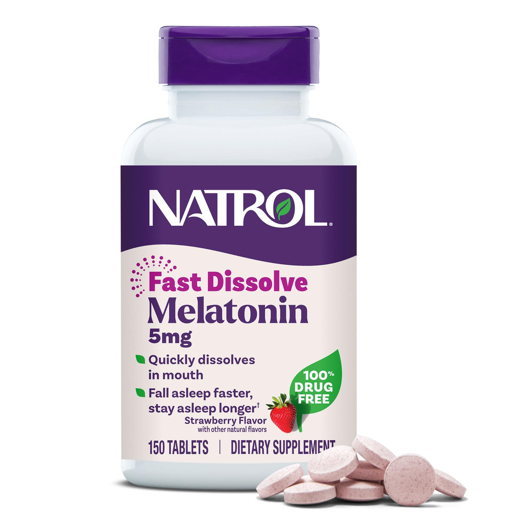 Natrol Melatonin 5 mg frontal del envase que muestra 150 unidades y conveniencia