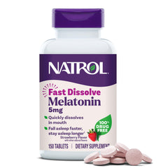 Natrol Melatonin 5 mg frontal del envase que muestra 150 unidades y conveniencia