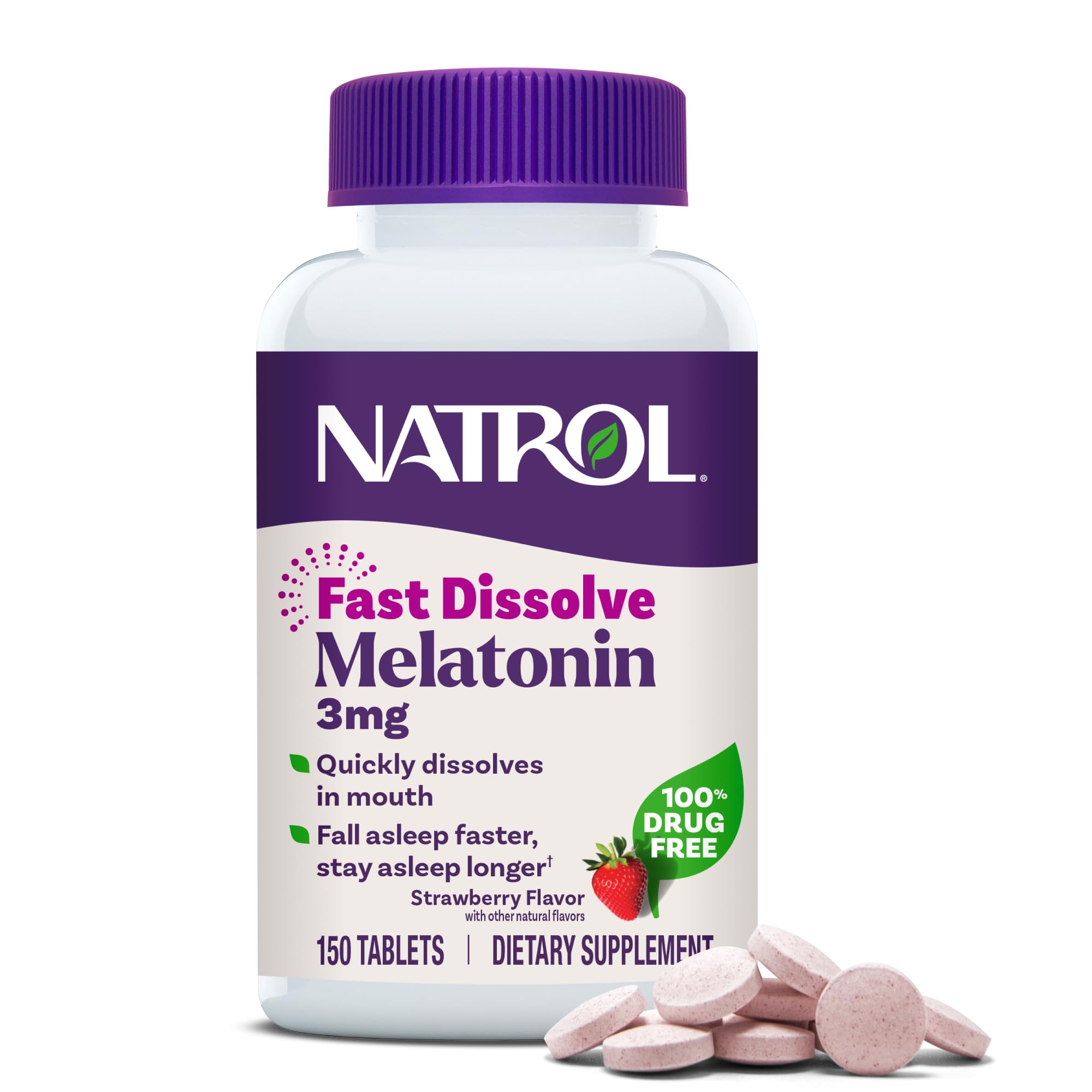 Natrol envase frontal mostrando 150 tabletas, beneficio: conveniencia y cantidad