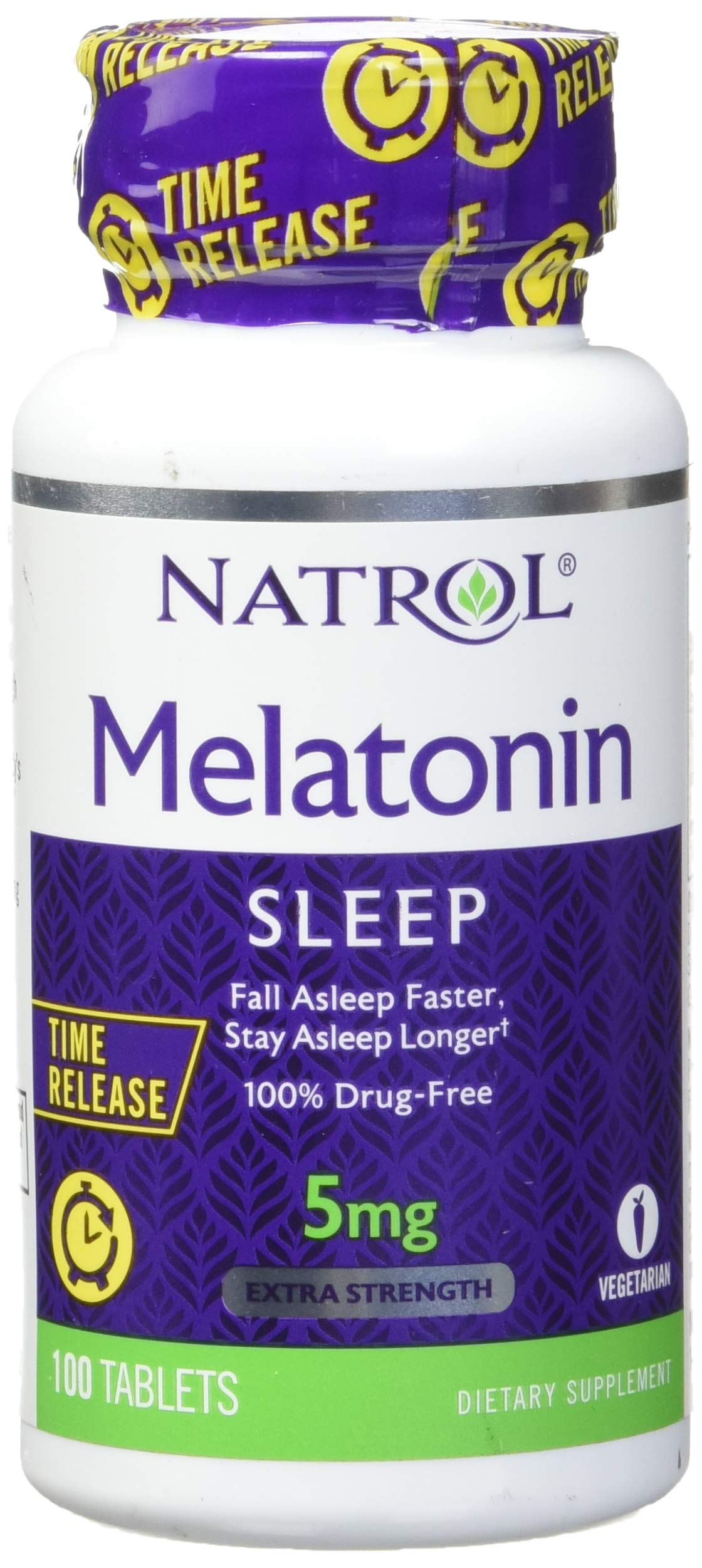 Natrol envase frontal de Melatonin Time Release, presentación 90 tabletas y origen EE. UU.