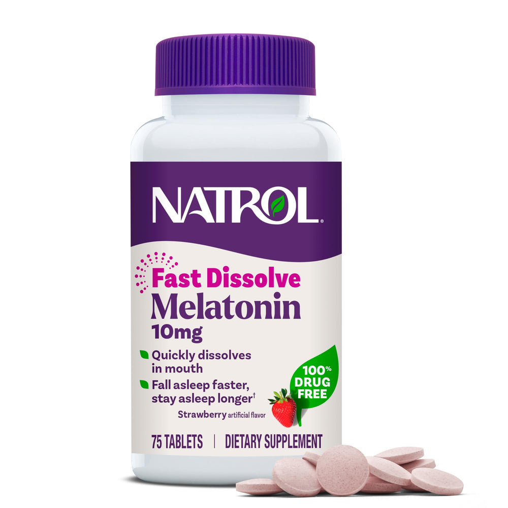 Envase de Natrol Melatonin 10 mg frente con diseño y cantidad visible, comodidad al llevar