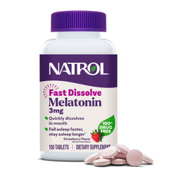 Natrol envase frontal mostrando 150 tabletas, beneficio: conveniencia y cantidad