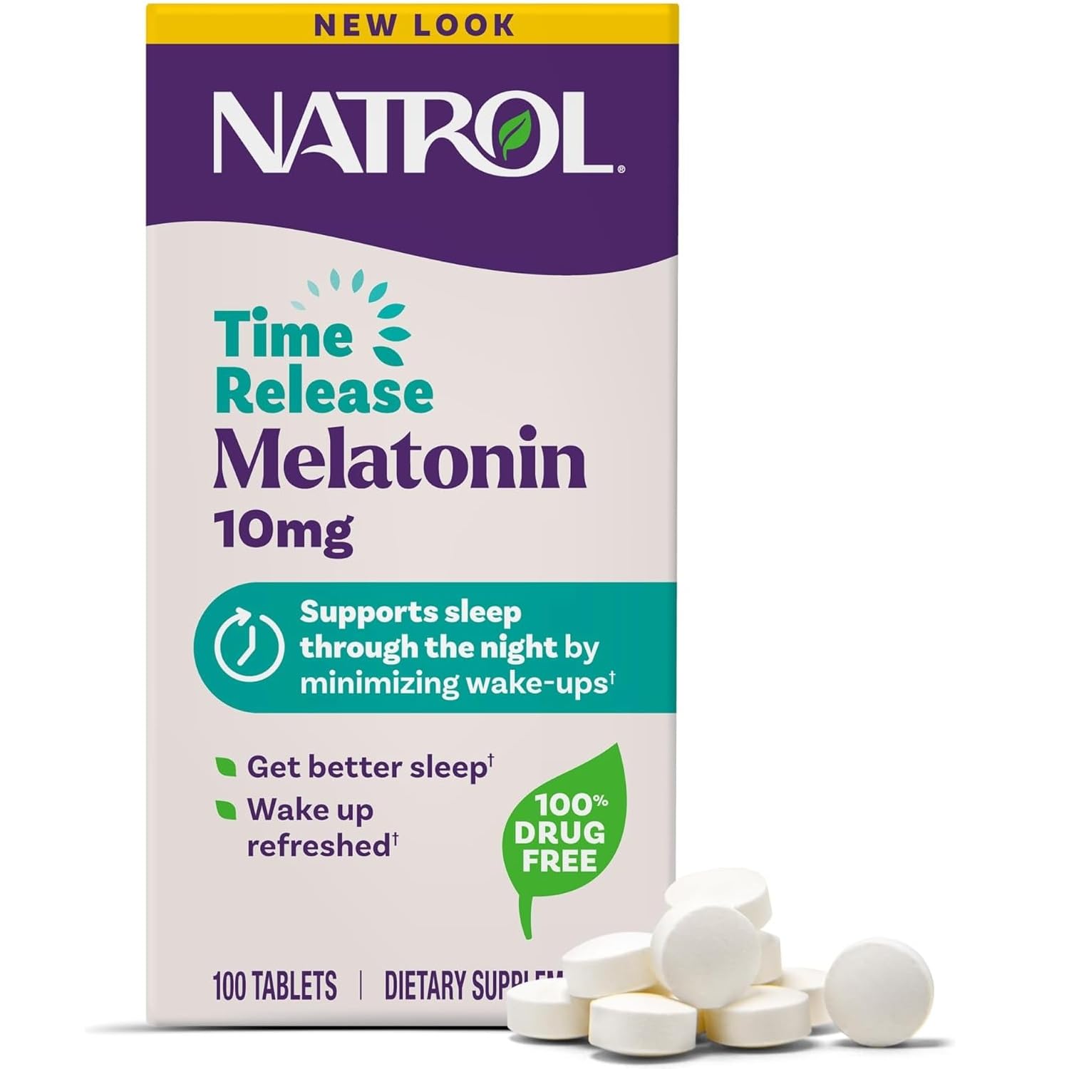 Natrol melatonin tableta en mano para comparar escala y cómoda dosificación