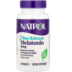 Natrol melatonin frontal del empaque mostrando el tamaño y beneficios
