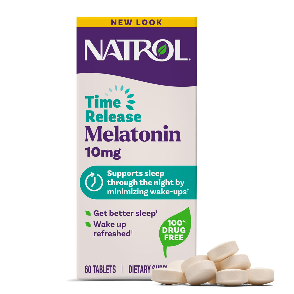 Natrol frasco frontal con información clara y beneficio de apoyo al sueño