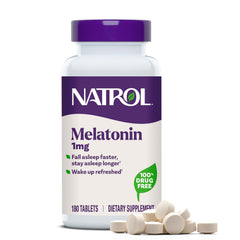 Natrol frasco frontal mostrando 180 comprimidos para descanso