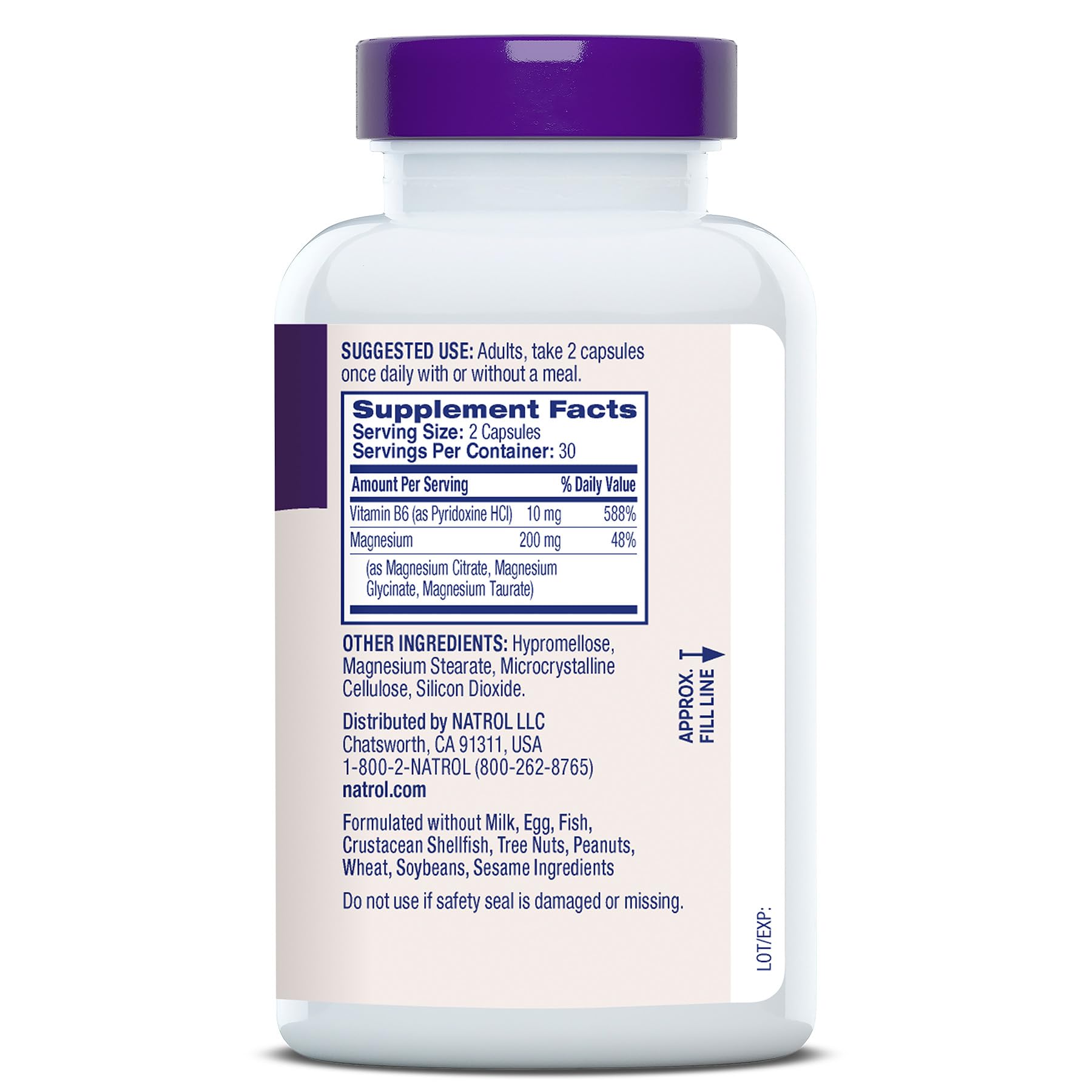 Natrol etiqueta nutricional enfocada con información de 200 mg magnesio