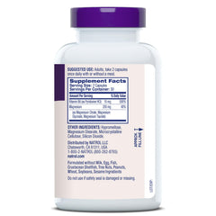 Natrol etiqueta nutricional enfocada con información de 200 mg magnesio