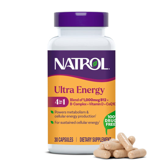 Natrol frasco frontal mostrando etiqueta y beneficios energéticos