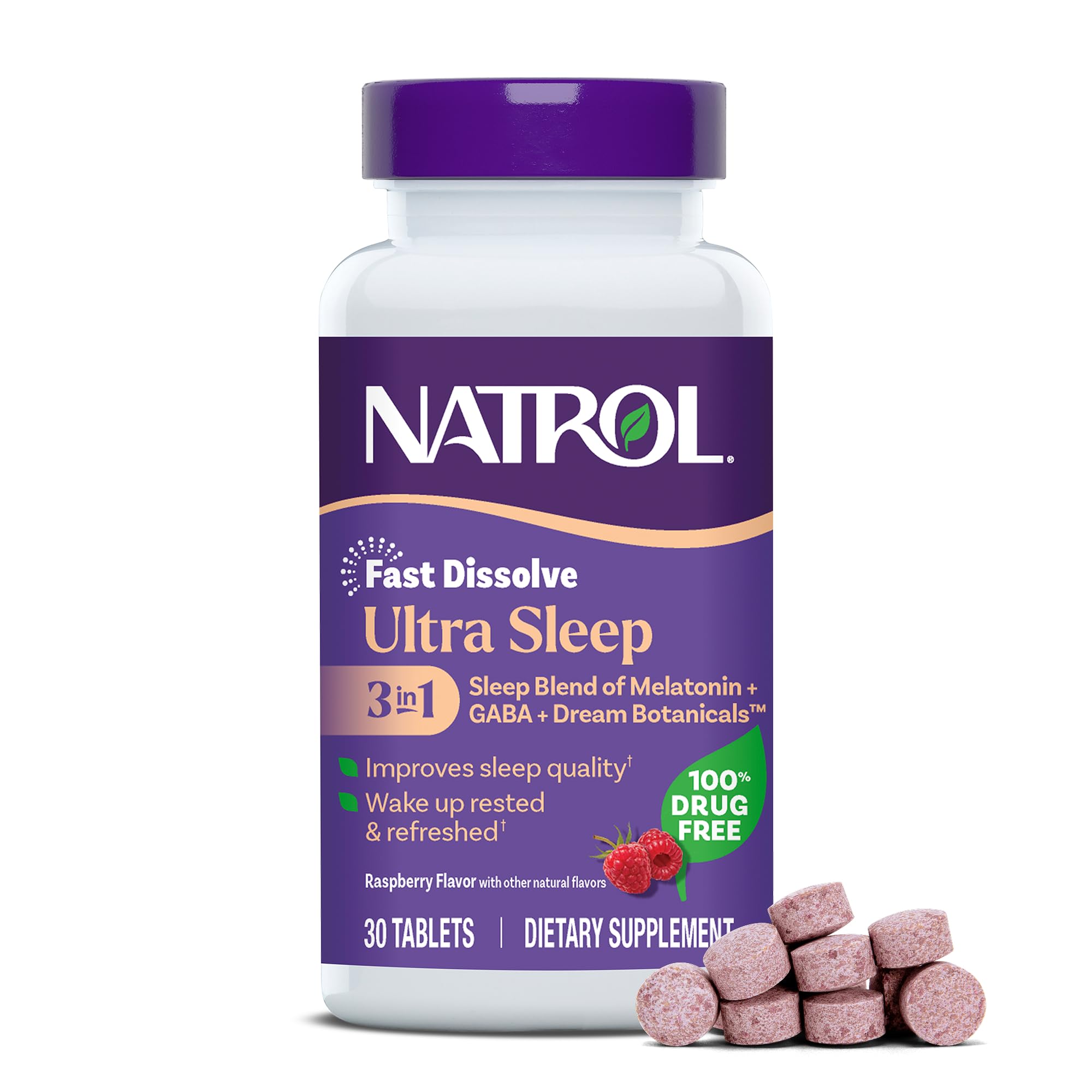 Natrol envase frontal mostrando 30 tabletas para sueño restaurador
