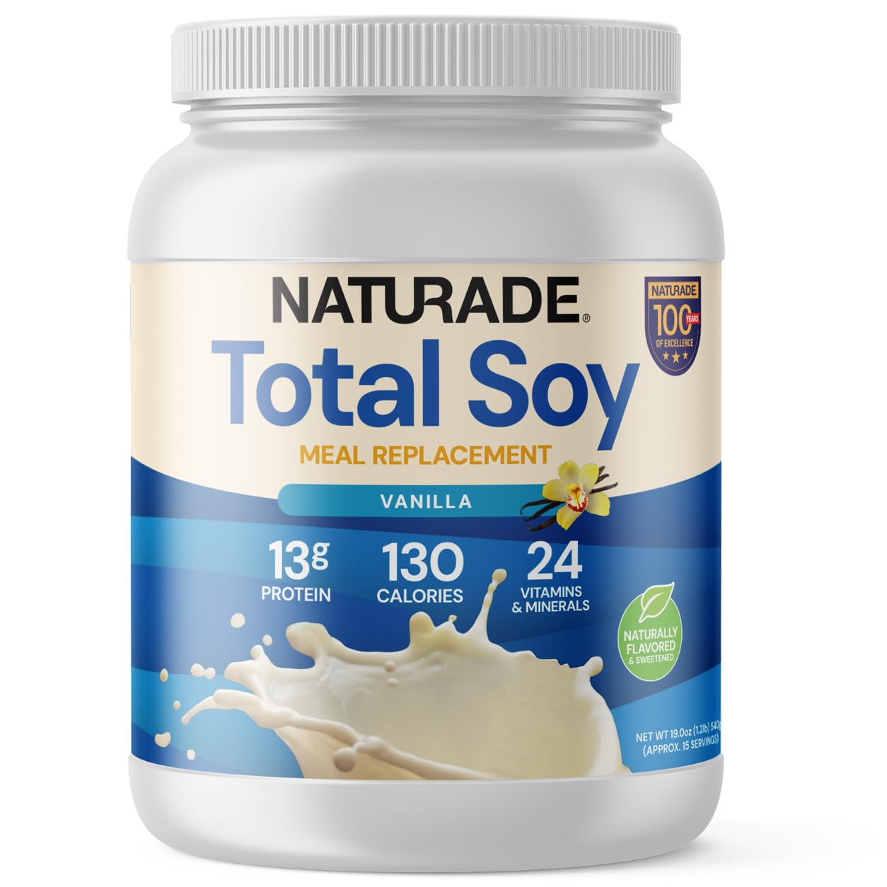Naturade Total Soy vista frontal del envase mostrando información clave y sabor