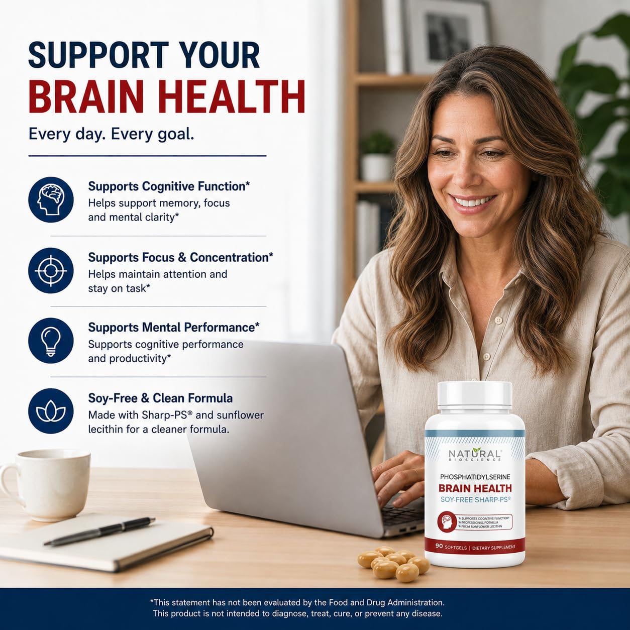 Natural BioScience producto en escritorio durante estudio para concentración