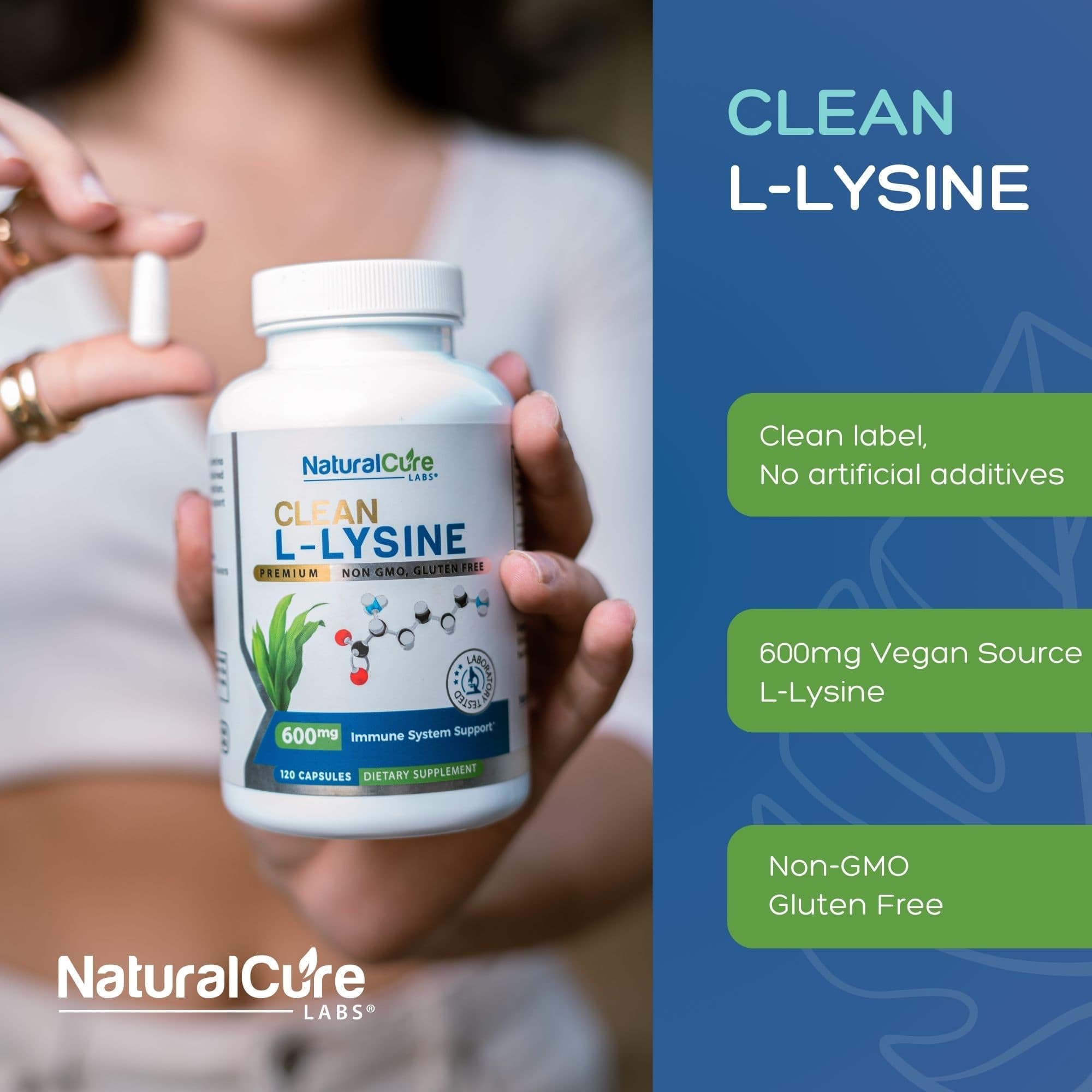 Natural Cure Labs botella abierta con cápsulas visibles, conveniencia de 120 unidades