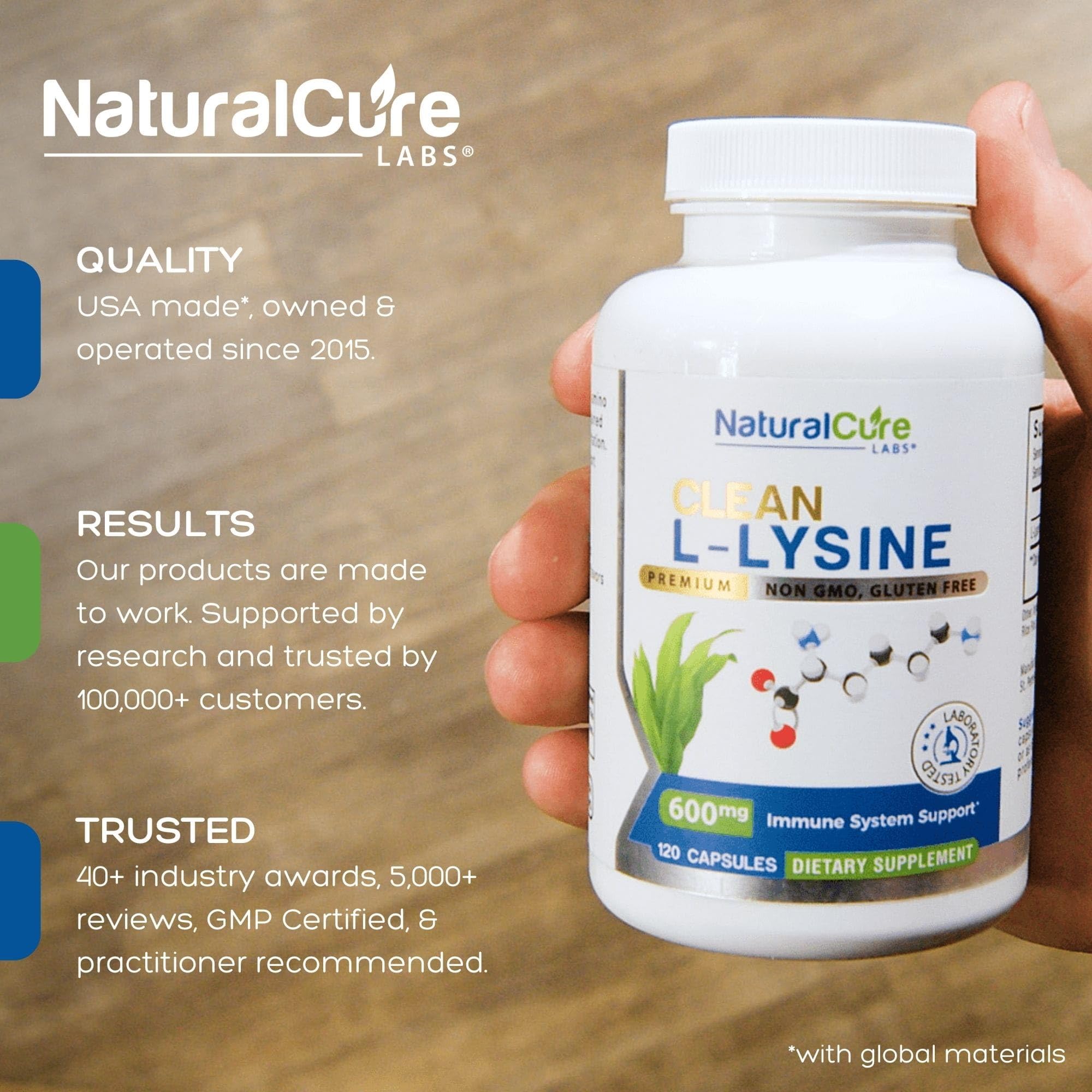 Natural Cure Labs detalle de la etiqueta mostrando ingredientes y ventaja de transparencia