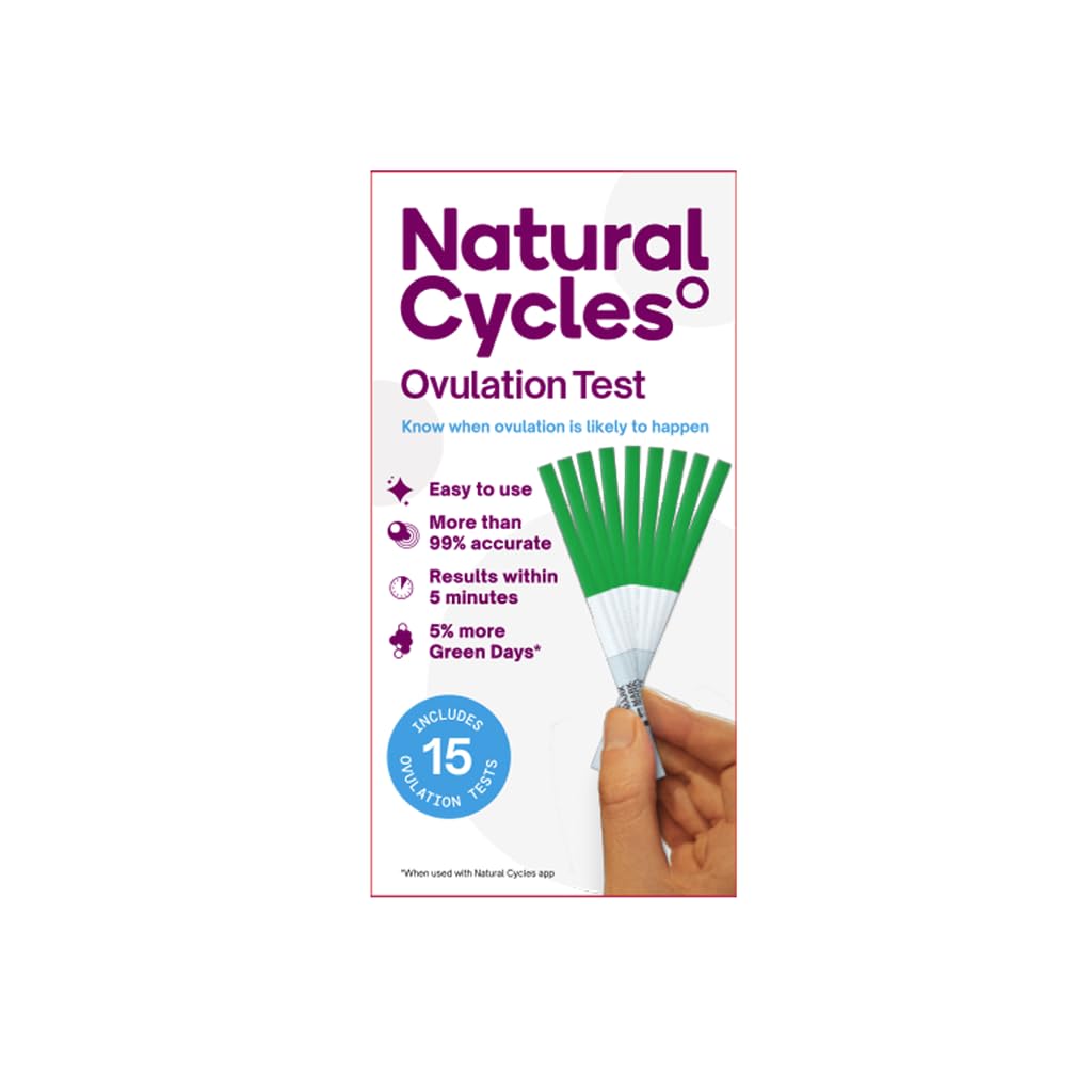 Natural Cycles empaque frontal mostrando 15 tiras y beneficio de prueba confiable