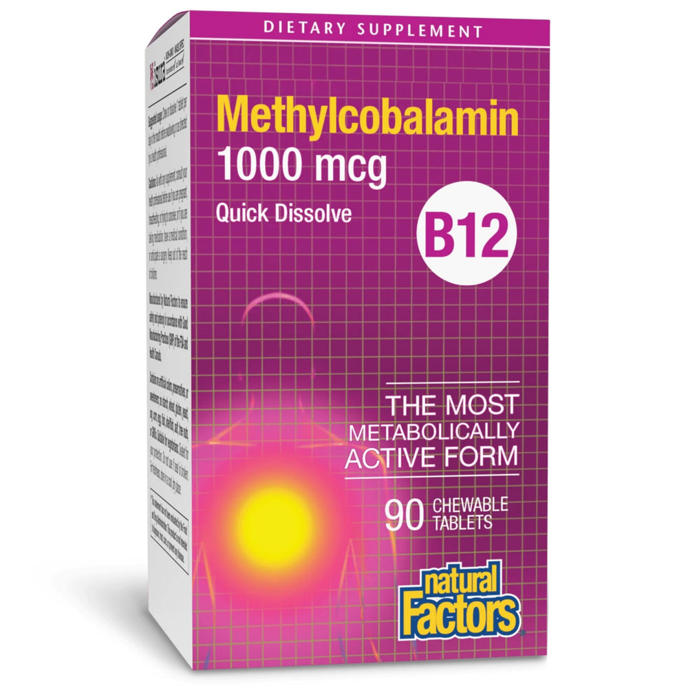 Natural Factors envase frontal mostrando B12 metilcobalamina y beneficio energético