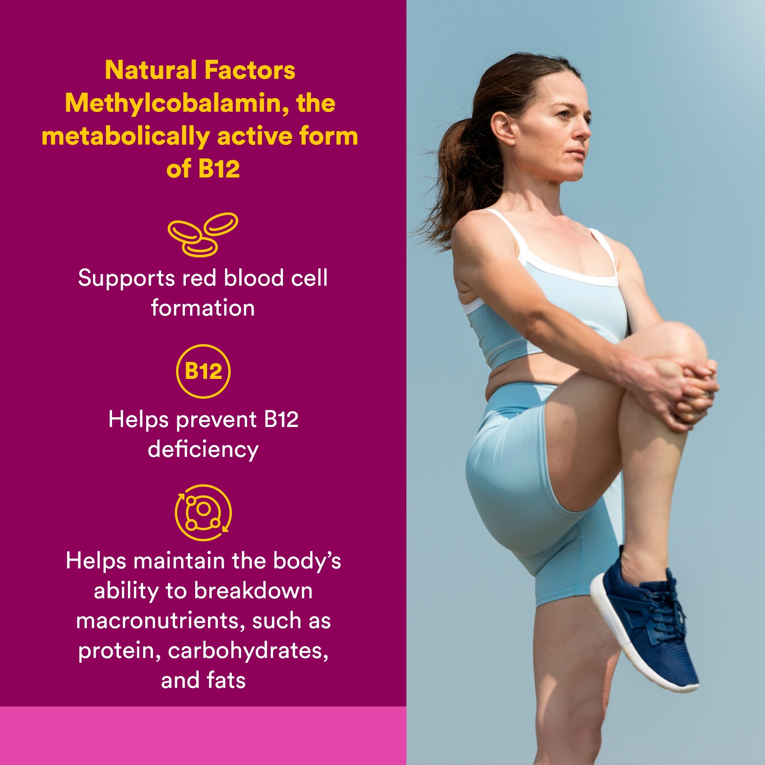 Close-up de tableta masticable Natural Factors B12, textura visible y forma accesible