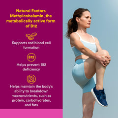 Close-up de tableta masticable Natural Factors B12, textura visible y forma accesible