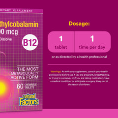 Detalle de tableta disolviéndose sublingual Natural Factors B12 para mejor absorción