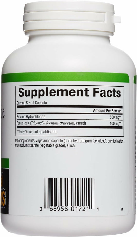 Natural Factors Betaine HCL 500 mg label close-up with ingredient details