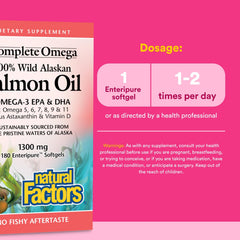 Natural Factors gota de aceite de salmón pura mostrando brillo y calidad