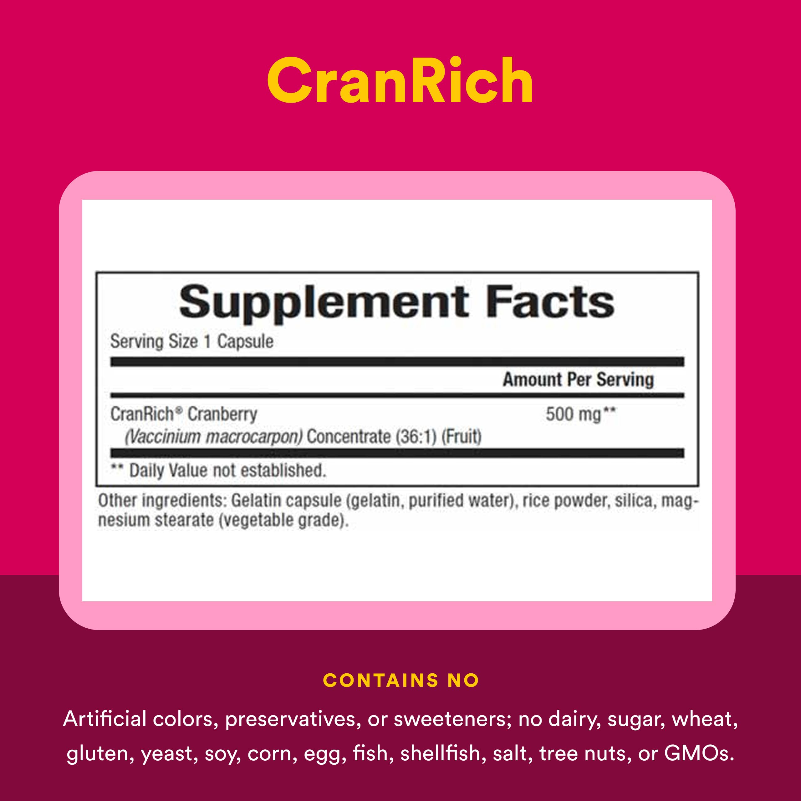 Natural Factors CranRich etiqueta con ingredientes para verificar composición transparente