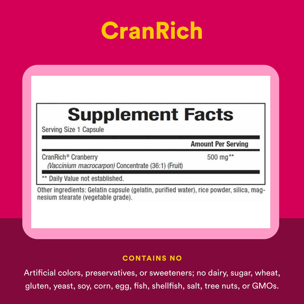 Natural Factors CranRich etiqueta con ingredientes para verificar composición transparente