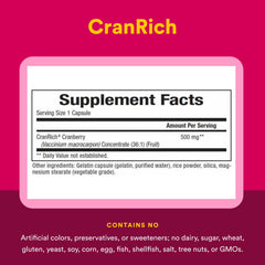 Natural Factors CranRich etiqueta con ingredientes para verificar composición transparente