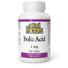 Natural Factors envase frontal de ácido fólico 1 mg mostrando información clara y duradera
