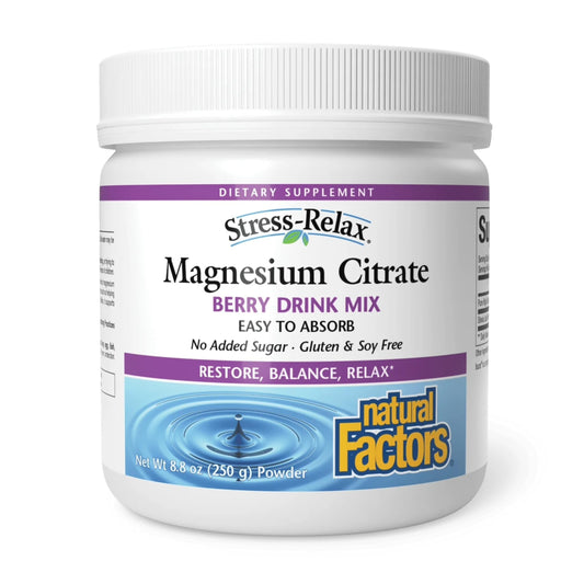 Natural Factors envase frontal sabor berry mostrando cantidad y beneficios