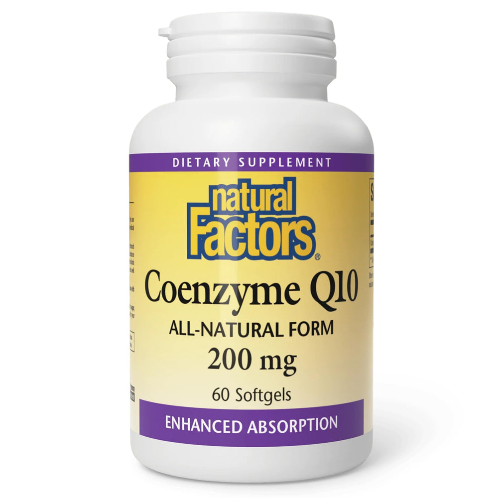 Natural Factors frasco frontal que muestra CoQ10 200 mg y envase claro beneficios
