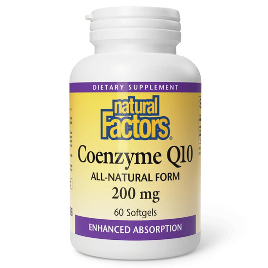 Natural Factors frasco frontal que muestra CoQ10 200 mg y envase claro beneficios