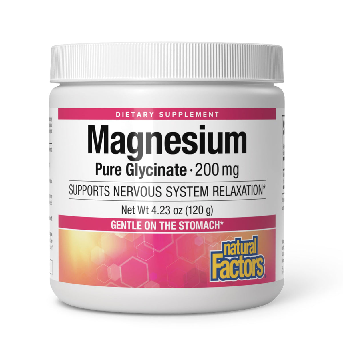 Natural Factors frasco frontal del magnesio bisglicinato que muestra presentación y beneficio de absorción
