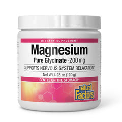 Natural Factors frasco frontal del magnesio bisglicinato que muestra presentación y beneficio de absorción